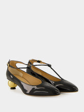 Ferragamo Black T-Strap Pumps with Gold Heel