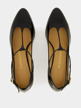 Ferragamo Black T-Strap Pumps with Gold Heel