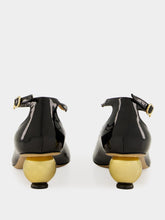 Ferragamo Black T-Strap Pumps with Gold Heel