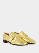 Ferragamo Gold Laminated Loafers with Hug Buckle