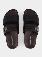 Ferragamo Black Double Strap Leather Sandals with Hug Buckle