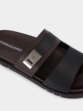Ferragamo Black Double Strap Leather Sandals with Hug Buckle