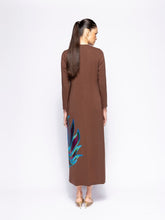 Paula Kentia Coffee Bean Embroidered Long-Sleeved Maxi Dress
