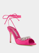 Manolo Blahnik Plumena 90 Crystal-Embellished Satin Lace-Up Pink Sandals