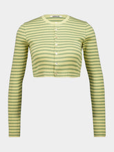 Auralee Light Beige and Green Striped Cropped Cotton Rib Cardigan