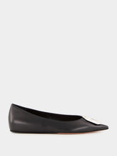 Amina Muaddi Black Nappa Camelia Flat with White Buckle