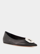 Amina Muaddi Black Nappa Camelia Flat with White Buckle