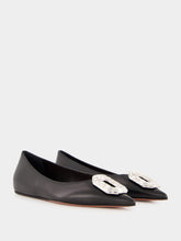 Amina Muaddi Black Nappa Camelia Flat with White Buckle