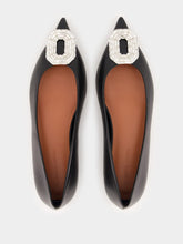 Amina Muaddi Black Nappa Camelia Flat with White Buckle