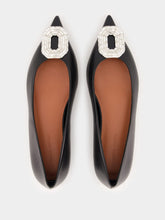 Amina Muaddi Black Nappa Camelia Flat with White Buckle