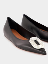 Amina Muaddi Black Nappa Camelia Flat with White Buckle