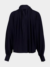 Ferragamo Navy Blue Gathered Top with Shoulder Slit Detail