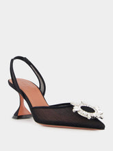 Amina Muaddi Black Begum Mesh Slingback Heels with White Crystal Buckle