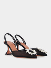 Amina Muaddi Black Begum Mesh Slingback Heels with White Crystal Buckle