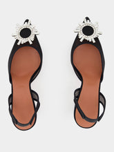 Amina Muaddi Black Begum Mesh Slingback Heels with White Crystal Buckle