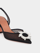 Amina Muaddi Black Begum Mesh Slingback Heels with White Crystal Buckle