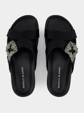 Manolo Blahnik Chilanghi Black Satin Jewel Buckle Mules