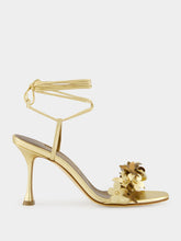 Manolo Blahnik Anista Gold Floral Ankle Strap Sandals