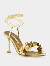 Manolo Blahnik Anista Gold Floral Ankle Strap Sandals