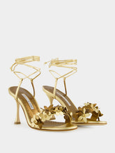 Manolo Blahnik Anista Gold Floral Ankle Strap Sandals