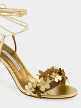 Manolo Blahnik Anista Gold Floral Ankle Strap Sandals