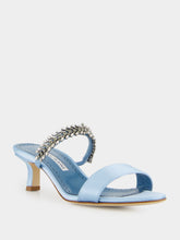 Manolo Blahnik Kifasan Light Blue Satin Mid-Heel Mules