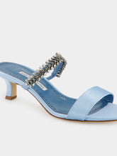 Manolo Blahnik Kifasan Light Blue Satin Mid-Heel Mules