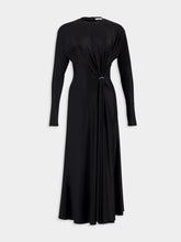 Rabanne Black Long Gathered Jersey Dress with Gold Ring