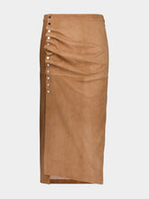 Caramel Draped Suede Midi Skirt | PDP - Fashion Clinic