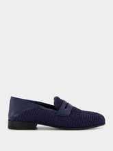 Manolo Blahnik Padstow Navy Blue Raffia Penny Loafers