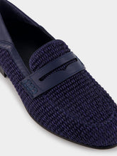 Manolo Blahnik Padstow Navy Blue Raffia Penny Loafers