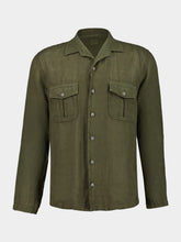 120% Lino Military Green Long-Sleeve Linen Shirt with Front Pockets