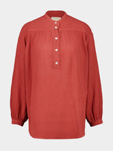 120% Lino Burnt Red Cotton Long-Sleeved Blouse
