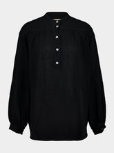 120% Lino Black Cotton Long-Sleeved Blouse