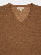 120% Lino Brown Wool-Blend Maglia Donna Sheer V-Neck Top