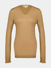 120% Lino Caramel Beige Cashmere V-Neck Sweater