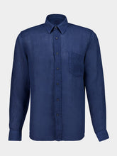 120% Lino Navy Blue Linen Long-Sleeved Shirt