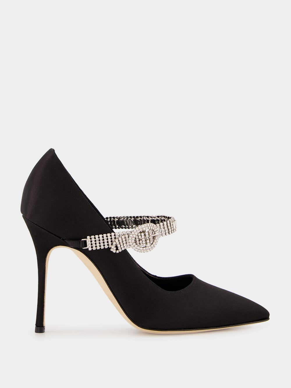 Manolo Blahnik Black Satin Pumps with Crystal Strap Detail