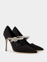Manolo Blahnik Black Satin Pumps with Crystal Strap Detail