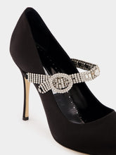 Manolo Blahnik Black Satin Pumps with Crystal Strap Detail