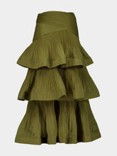 Zimmermann Olive Pleated Tiered Midi Skirt