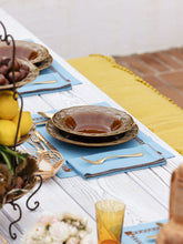 House of Capricorn Hand-Embroidered Maria Turquoise Linen with Yellow Embroidery Napkin