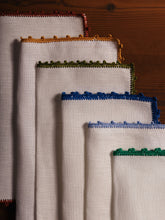 House of Capricorn Hand-Embroidered Teresa White Linen with Green Crochet Cocktail Napkin