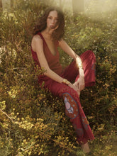 Paula Alice Red Dahlia Embroidered Wide-Leg Suede Pants