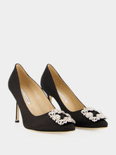 Manolo Blahnik Black Hangisi 90 Satin Jewel Buckle Pumps
