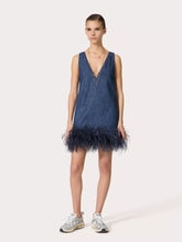 Valentino Garavani Blue V-Neck Sleeveless Denim Dress with Feathers