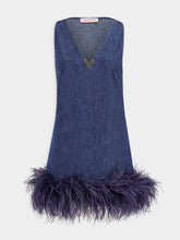 Valentino Garavani Blue V-Neck Sleeveless Denim Dress with Feathers