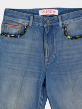Valentino Garavani Medium Blue Denim Trousers with Floral Detail