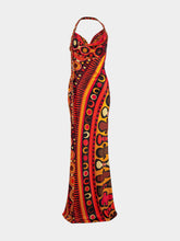 Pucci Black and Orange Soleil Print Satin Halter Maxi Dress