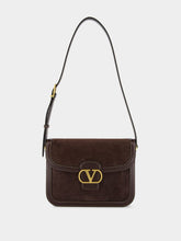 Valentino Garavani Dark Brown Suede Shoulder Bag with Brass Logo
